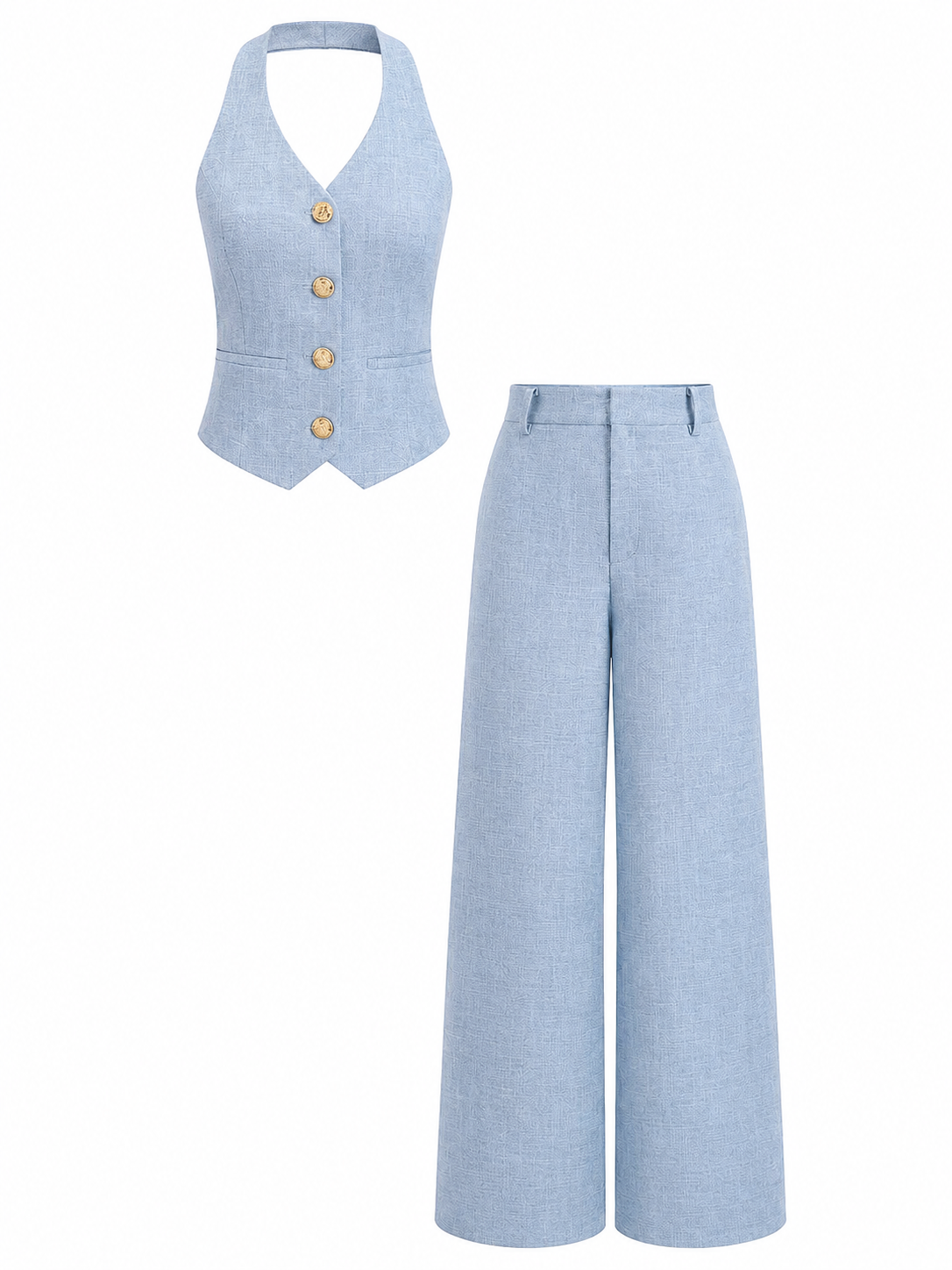 Light Blue Halter Neck Vest and Wide-Leg Trousers Set
