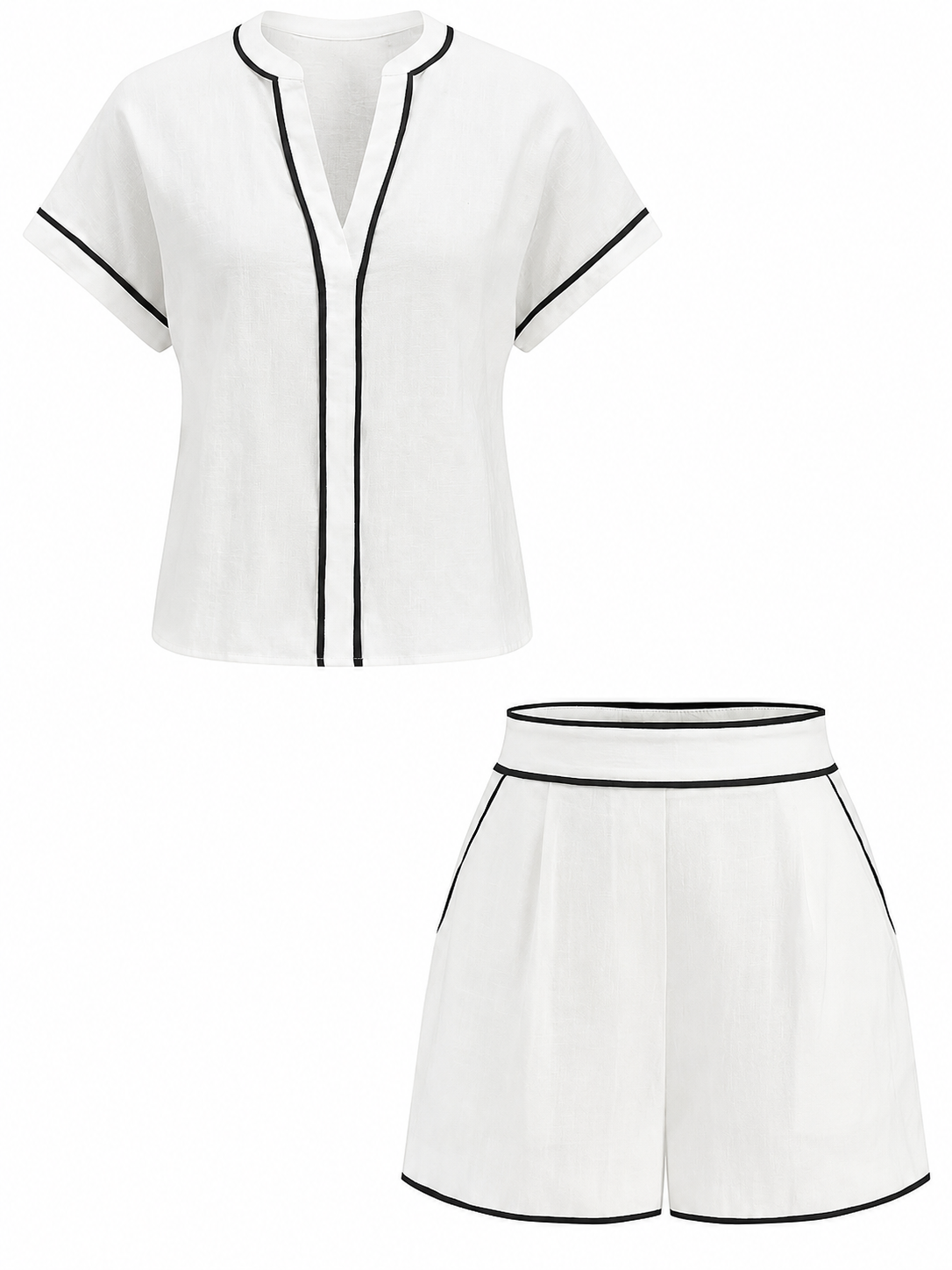White Contrast Piping Short Sleeve Top and Shorts Set