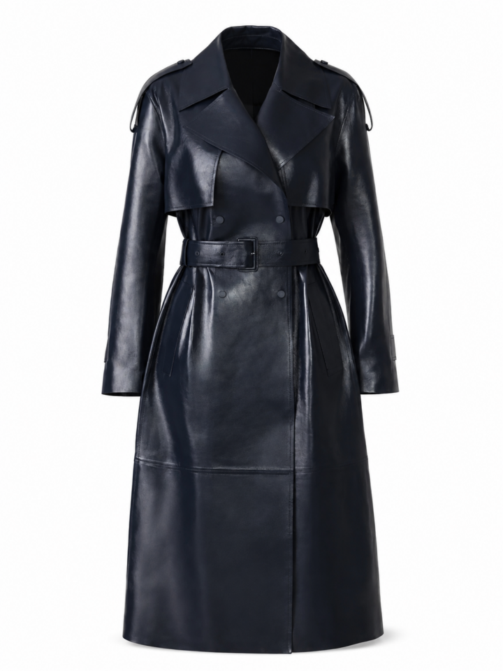 Navy Blue Belted Longline Trench Coat