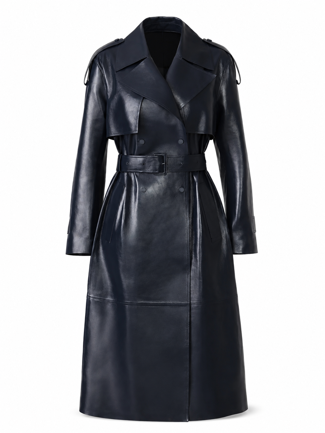Navy Blue Belted Longline Trench Coat