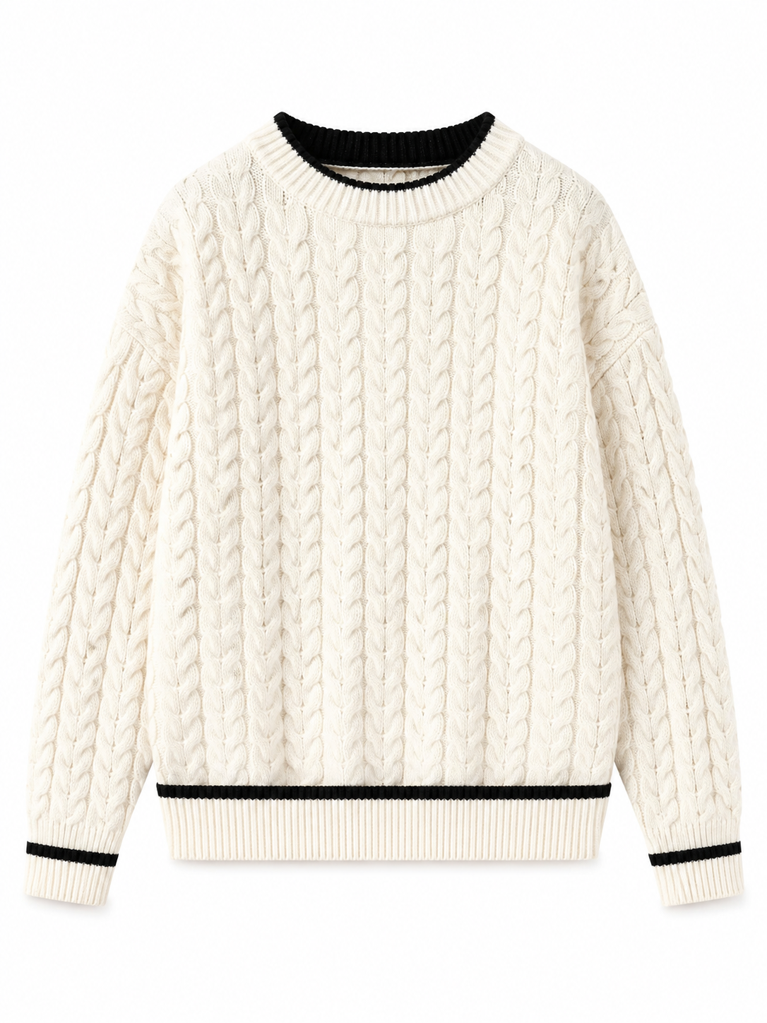 Cream Cable-Knit Crew Neck Sweater with Black Stripes