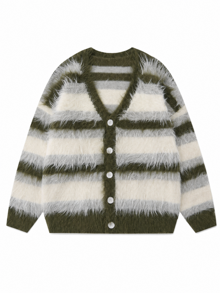 Olive Green Striped V-Neck Cardigan