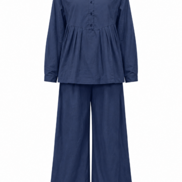Navy Band Collar Long Sleeve Top and Wide-Leg Trousers Set