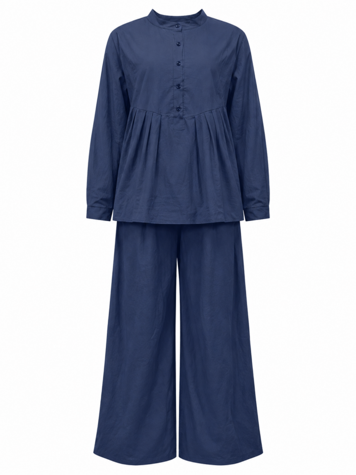 Navy Band Collar Long Sleeve Top and Wide-Leg Trousers Set