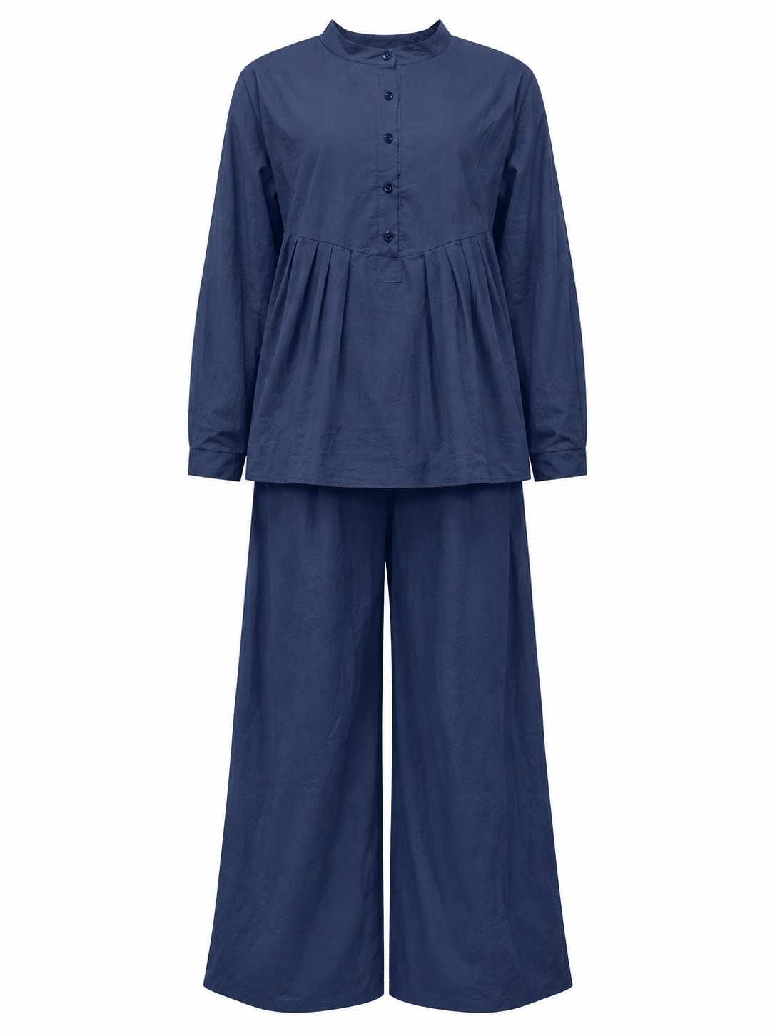 Navy Band Collar Long Sleeve Top and Wide-Leg Trousers Set