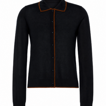 Black Knit Polo Collar Cardigan with Rust Trim