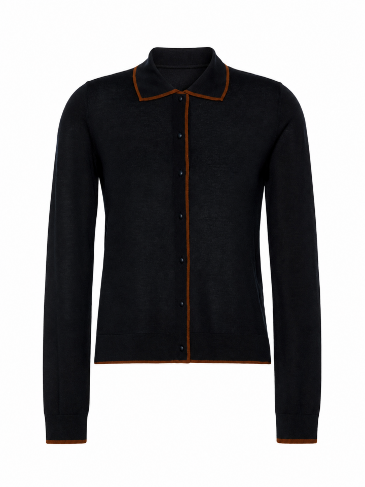 Black Knit Polo Collar Cardigan with Rust Trim