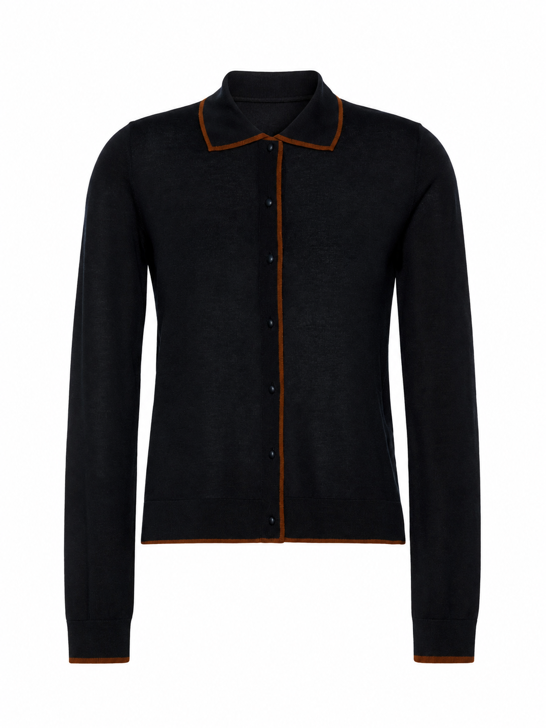 Black Knit Polo Collar Cardigan with Rust Trim