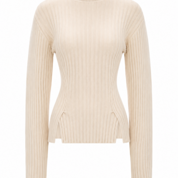 Cream Ribbed Mock Neck Slim Fit Knit Sweater