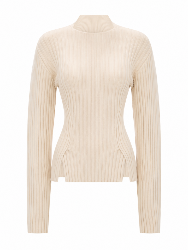 Cream Ribbed Mock Neck Slim Fit Knit Sweater
