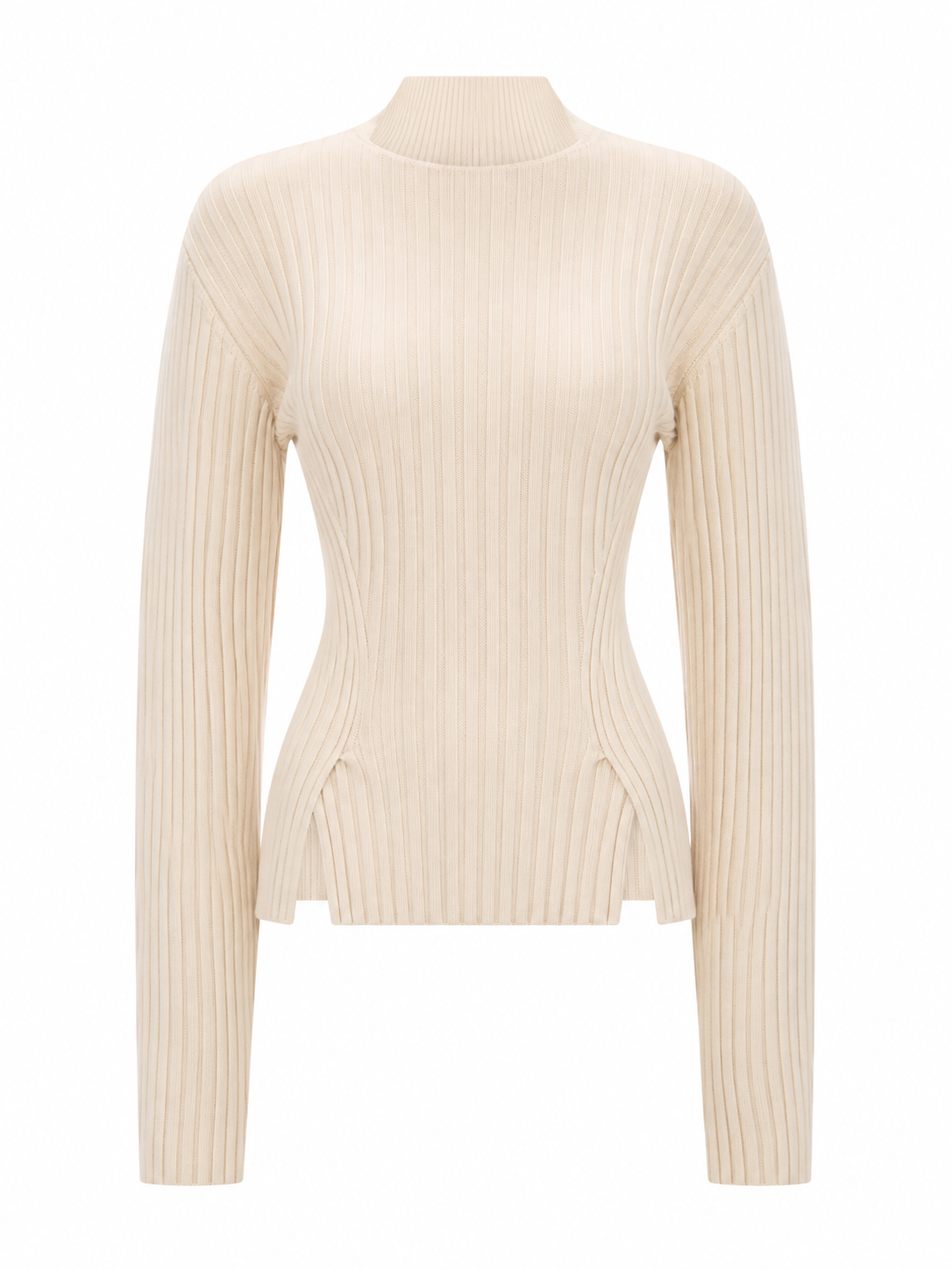 Cream Ribbed Mock Neck Slim Fit Knit Sweater