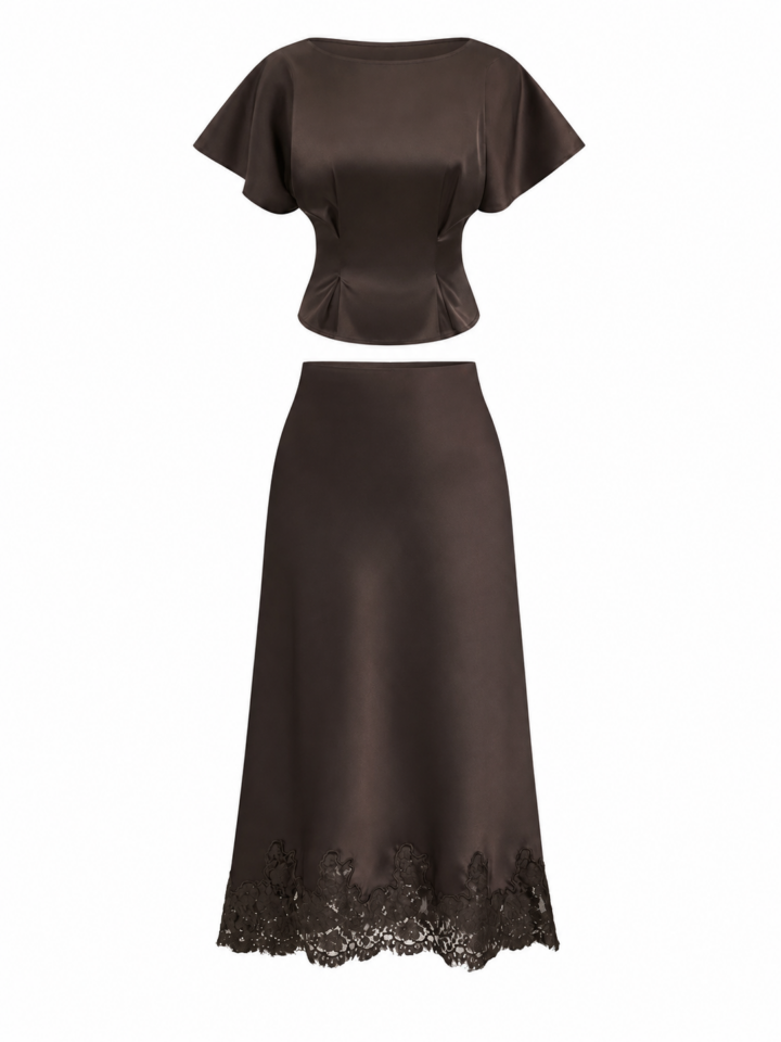 Dark Brown Flutter Sleeve Crop Top and Lace Trim Midi Skirt Set