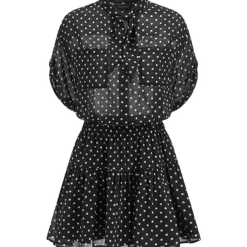 Black Polka Dot Sheer Mini Dress with Tie-Neck and Balloon Sleeves