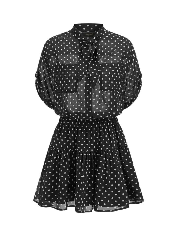 Black Polka Dot Sheer Mini Dress with Tie-Neck and Balloon Sleeves