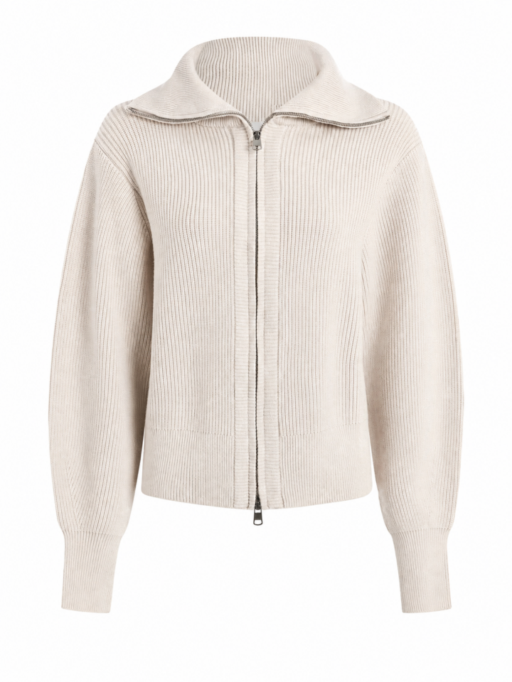 Off-White Rib-Knit Zip-Up Cardigan with Spread Collar