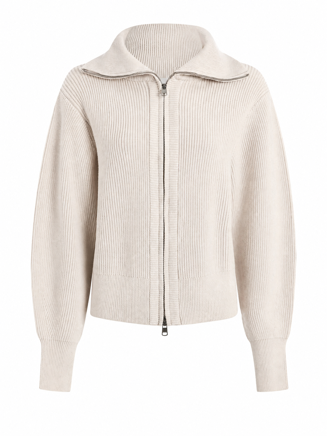 Off-White Rib-Knit Zip-Up Cardigan with Spread Collar