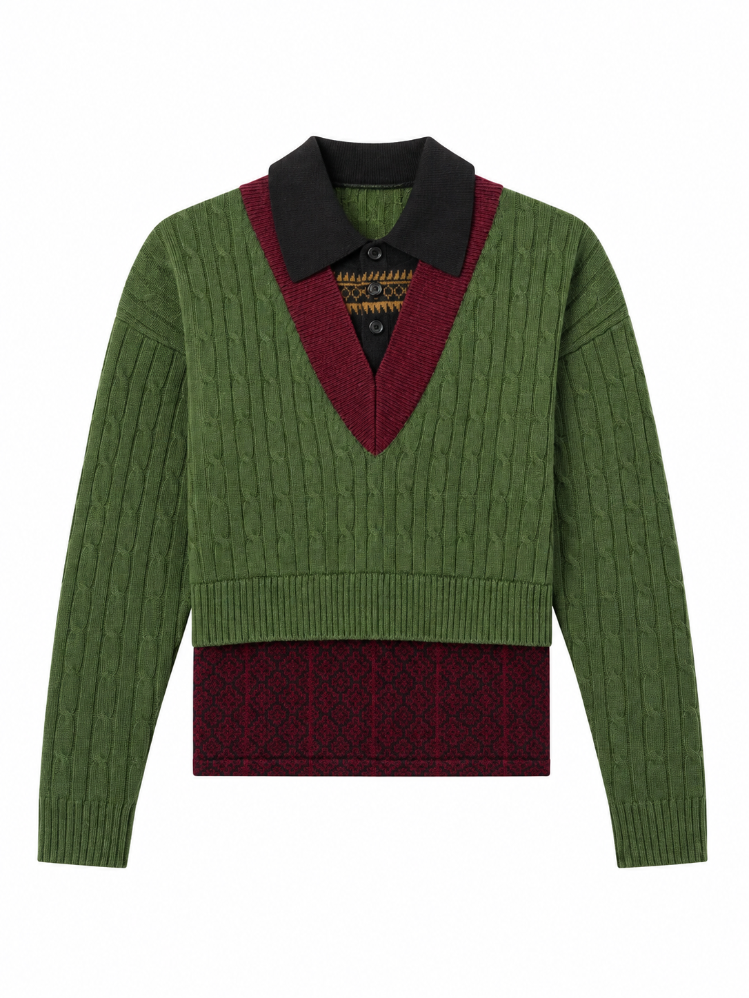 Olive Green Cable Knit V-Neck Sweater with Contrast Collar