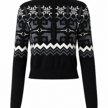 Black Geometric Snowflake Knit Sweater with Zip Mock Neck