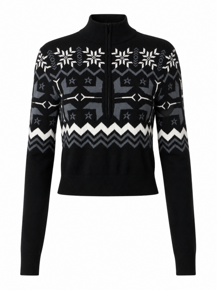 Black Geometric Snowflake Knit Sweater with Zip Mock Neck