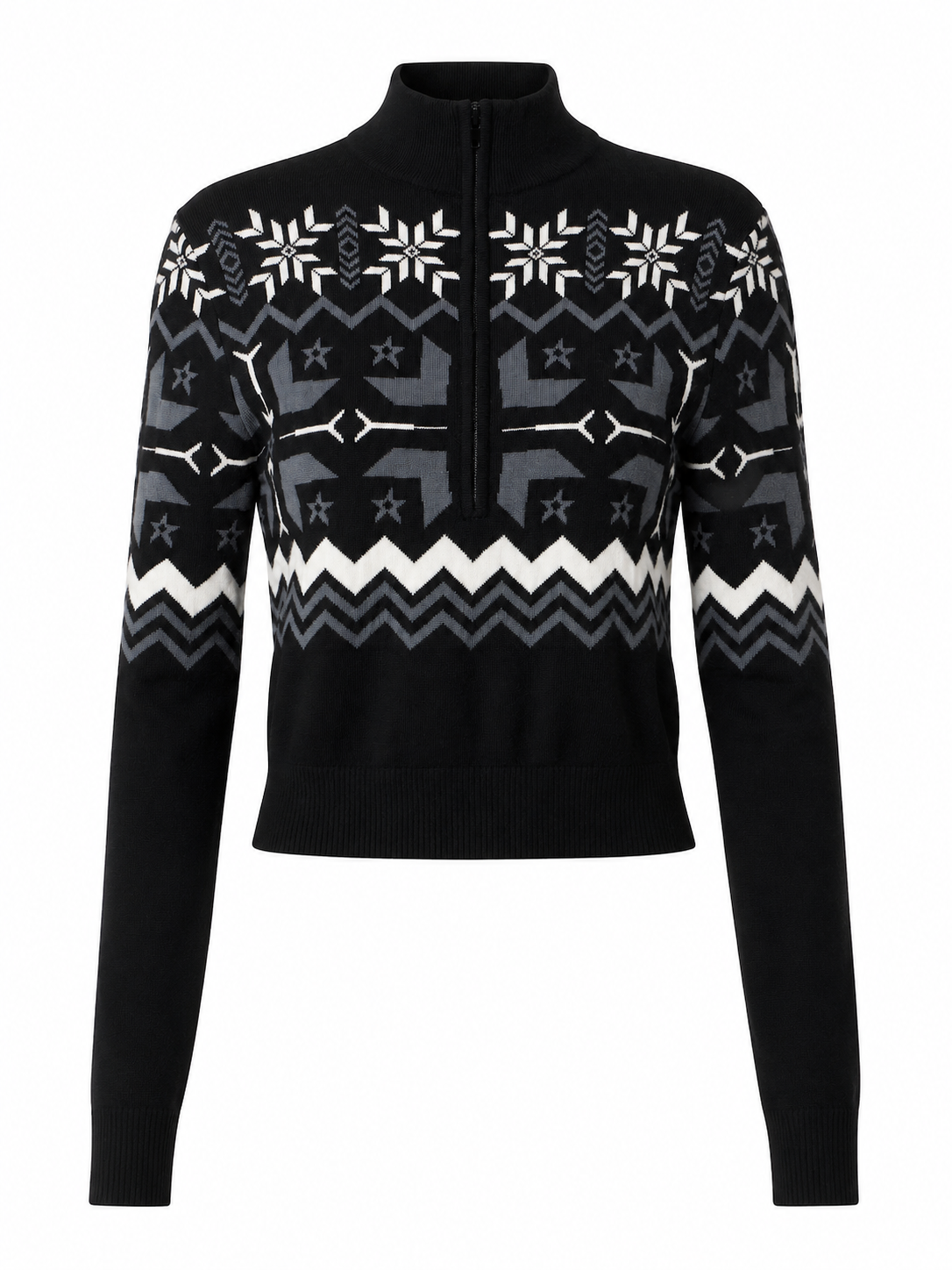 Black Geometric Snowflake Knit Sweater with Zip Mock Neck