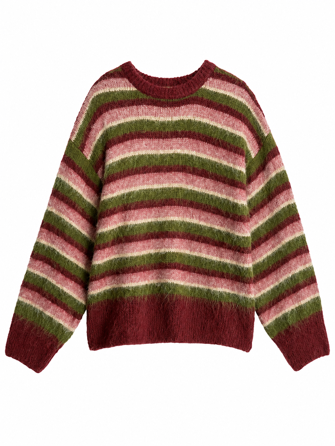Oversized Fuzzy Knit Sweater with Burgundy Pink Olive Stripes