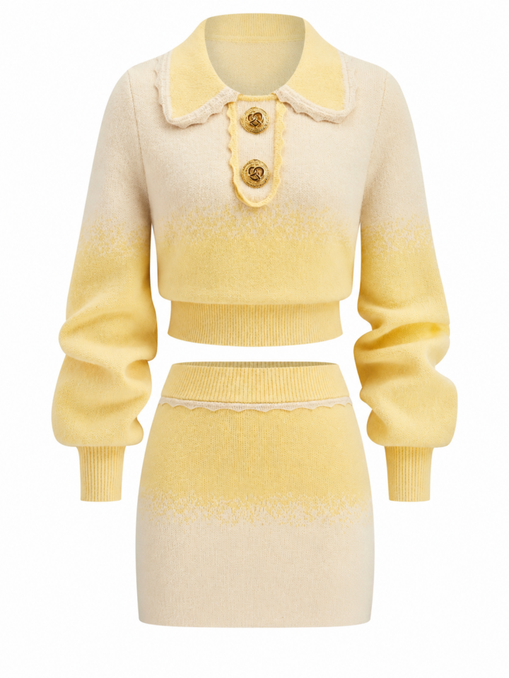 Yellow Cream Ombre Knit Crop Top and Mini Skirt Set