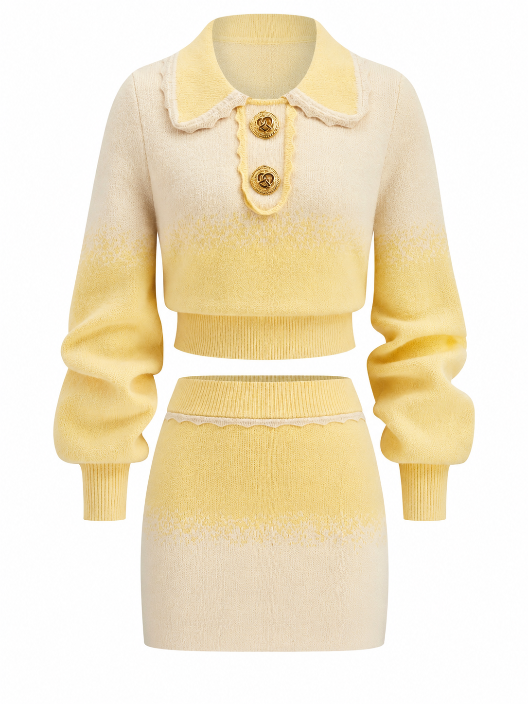 Yellow Cream Ombre Knit Crop Top and Mini Skirt Set