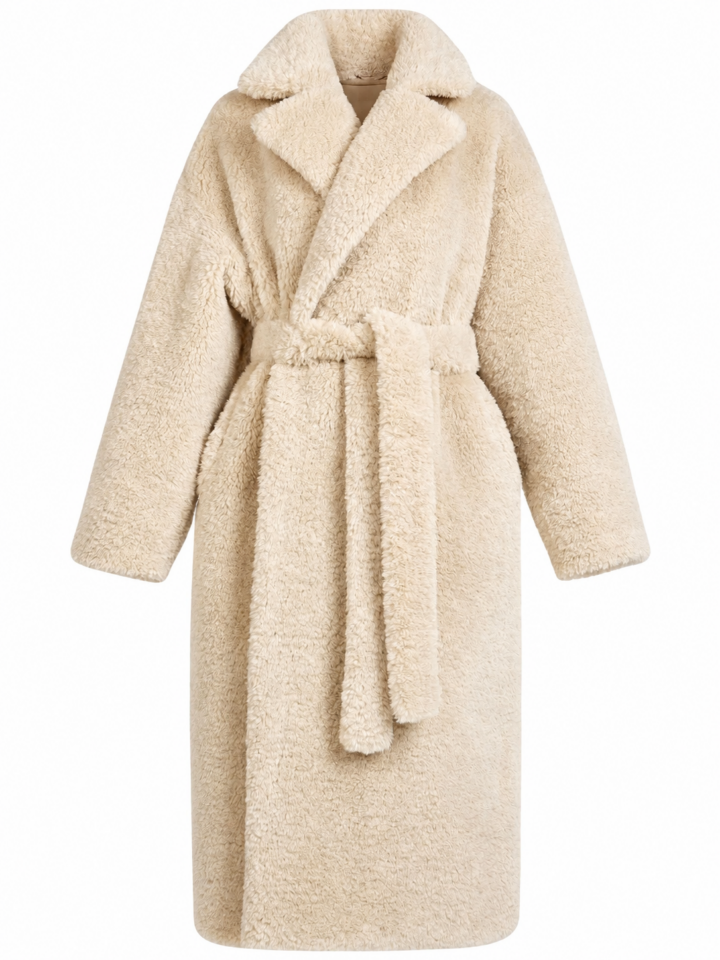 Cream Faux Fur Belted Long Coat