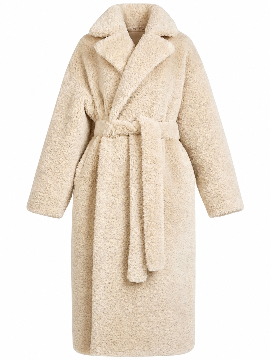 Cream Faux Fur Belted Long Coat