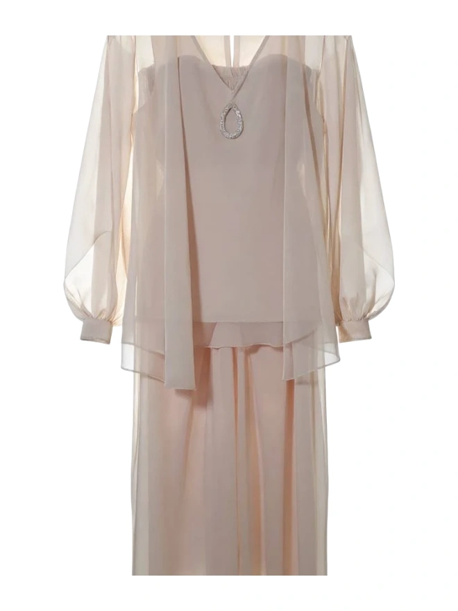 Light Beige Sheer Chiffon Two-Piece Set with Embellished Brooch