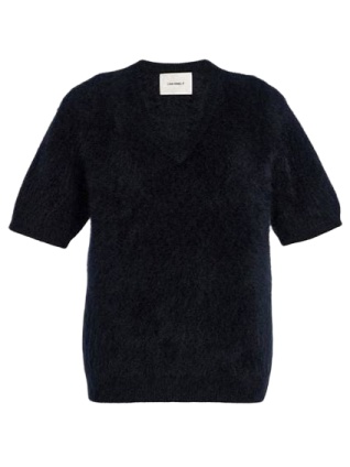 Navy Short Sleeve V-Neck Fuzzy Knit Sweater