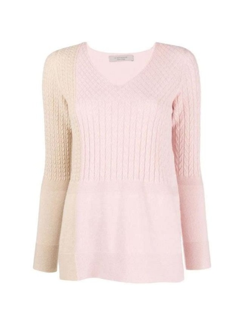 Pale Pink V-Neck Color Block Sweater with Ribbed Front