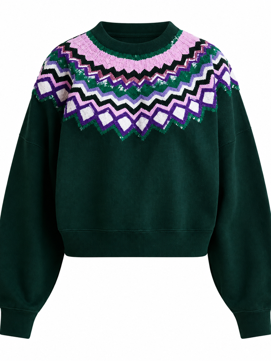 Forest Green Fair Isle Knit Sweater with Sequin Accents