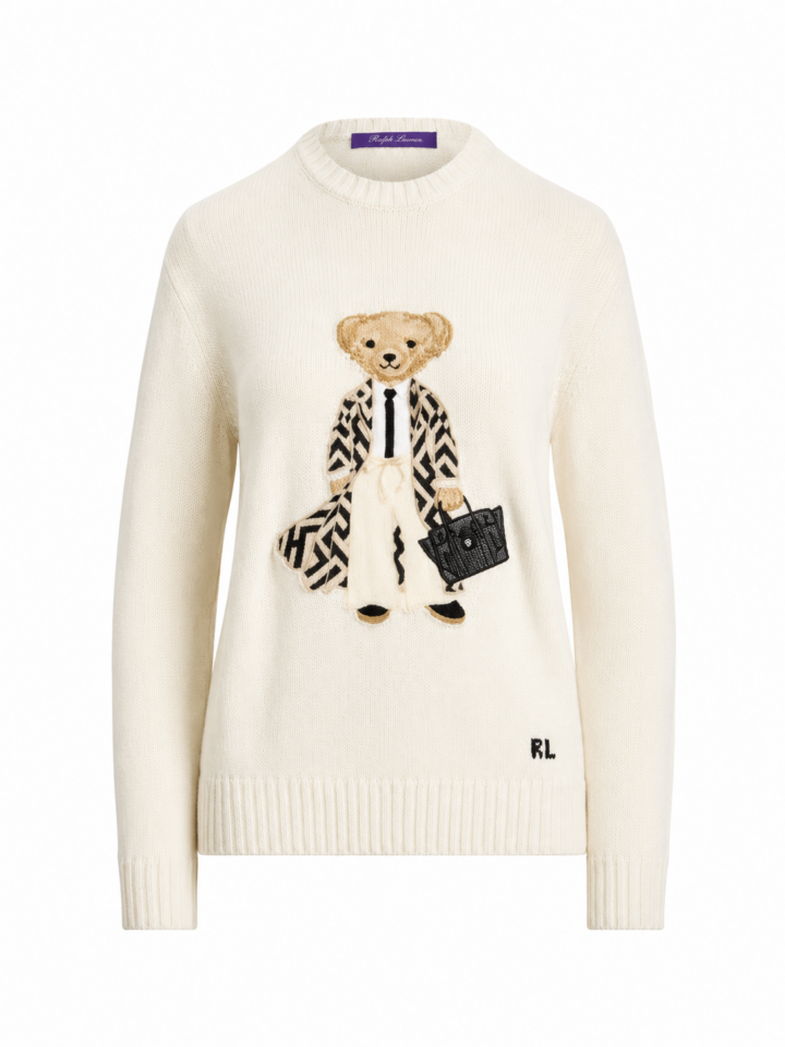 Cream Long-Sleeve Crewneck Sweater with Embroidered Teddy Bear