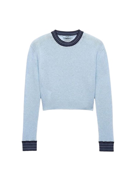 Light Blue Cropped Sweater with Navy Stripe Ribbing