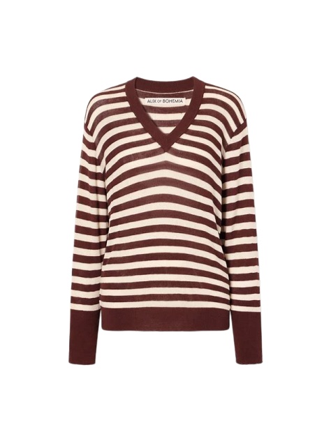 Burgundy Cream Striped V-Neck Knit Sweater