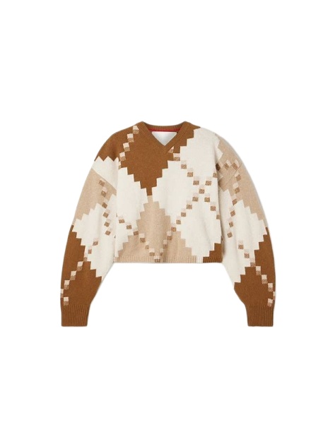 Cream Tan Brown Diamond Jacquard Cropped Sweater
